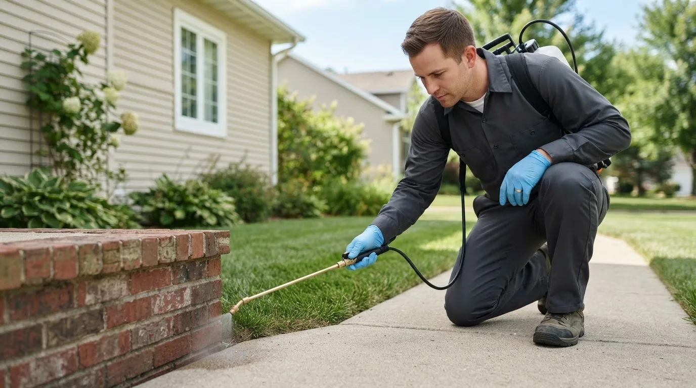 Pest control technician treating a home near Erie, ND