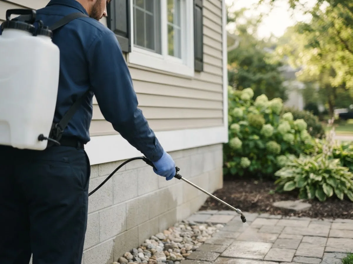 Pest control technician inspecting a home in Erie, ND